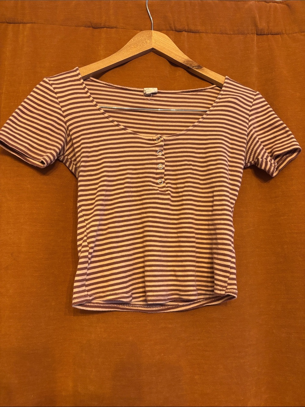 La Hearts Pink and Cream Striped Henley Crop Tee